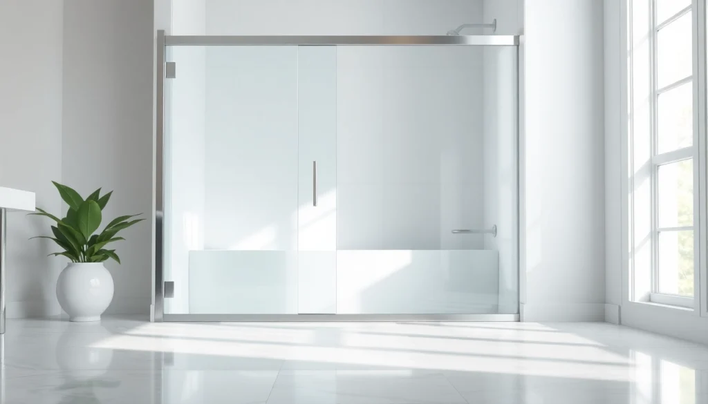 Elegant shower doors sliding in a chic bathroom provide a modern and spacious touch.