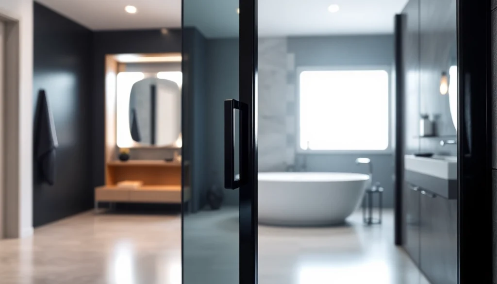 See the stunning black shower door in a stylish modern bathroom setting.