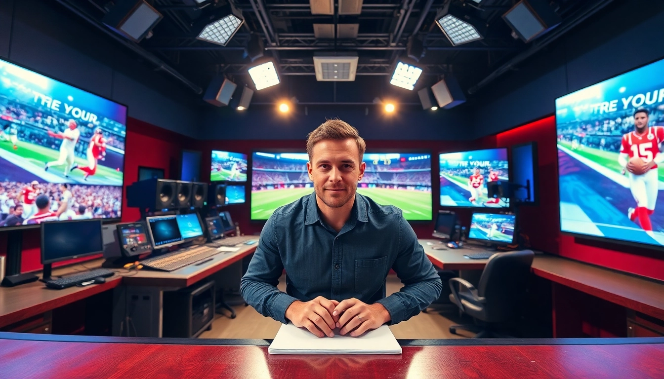 Engaging scene of a sports broadcasting studio showcasing the excitement of Sports Broadcasting.