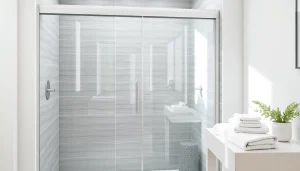 Show a stunning shower screen sliding door in a modern bathroom with sleek design.