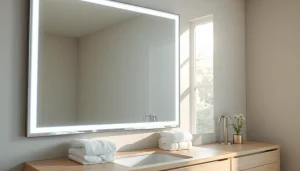 Admire the sleek design of an elegant LED mirror enhancing a modern bathroom decor.