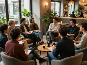 Men gathering at a supportive manclub to share stories and engage in conversations