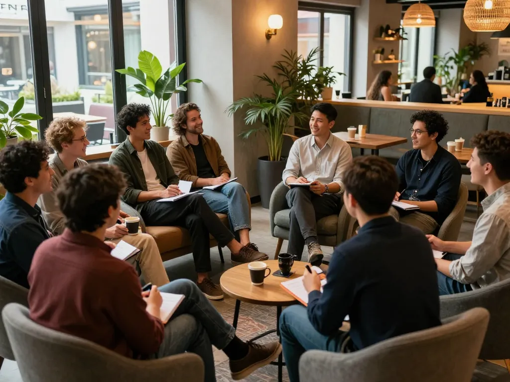 Men gathering at a supportive manclub to share stories and engage in conversations