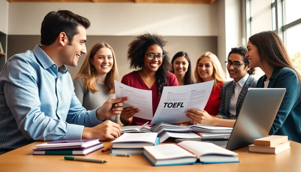 Engaging session on toefl expert help with students collaborating in a bright classroom.