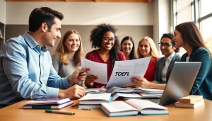 Engaging session on toefl expert help with students collaborating in a bright classroom.