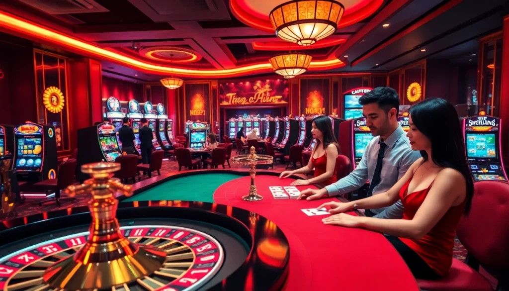 Engaging casino scene featuring a modern roulette wheel and poker tables, embodying the spirit of trang chu 789win.