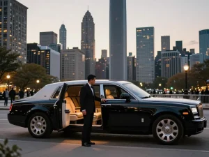 Client experiencing Chicago luxury transportation as chauffeur opens the door to a sleek limousine against the city skyline.