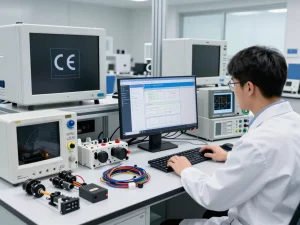 Automotive engineer analyzing CE compliance data in a high-tech testing lab.