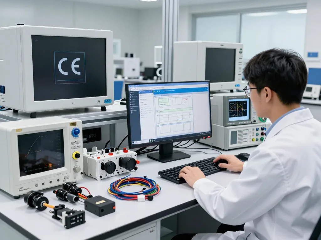 Automotive engineer analyzing CE compliance data in a high-tech testing lab.