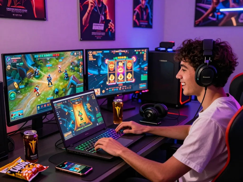 Excited player immersed in online gaming at a vibrant workstation, featuring rik vip games.