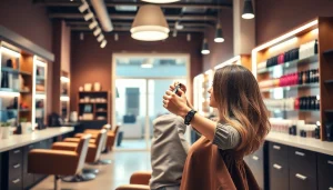 Parrucchiere styling hair in a modern salon, showcasing expertise and a welcoming atmosphere.