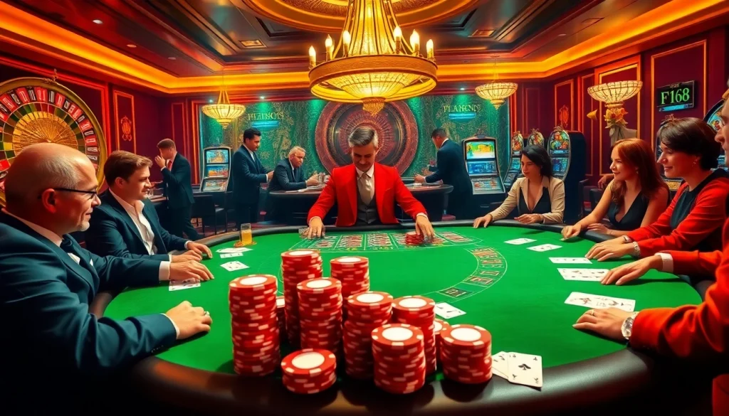 Experience the thrilling atmosphere of F168 with vibrant casino tables and players in action.