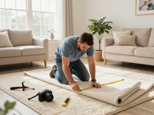 home carpet fitting services with a professional measuring and cutting carpet in a cozy living room