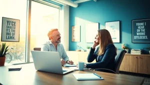 Engaging career coaching session with a professional discussing career paths at a desk.