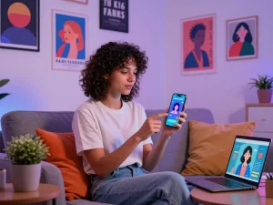 Young adult engaging with an AI gf app on smartphone in a vibrant living space, showcasing modern companionship.