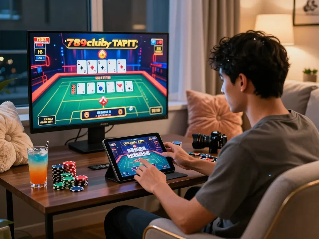 Player enjoying 789club online casino experience on tablet with vibrant graphics and gaming elements in a cozy setting.