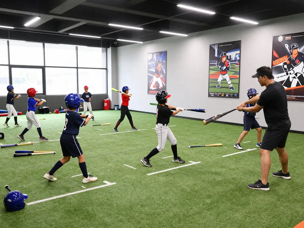 Hitclub athletes practicing hitting techniques in a vibrant indoor training facility.