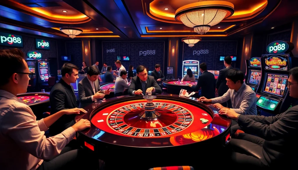 Players enjoying a thrilling game at the pg88 casino, showcasing luxury and excitement.