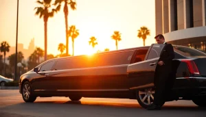 Hollywood Town Car and Limousine offers a premium experience with an elegant chauffeur waiting outside a luxurious LA hotel.