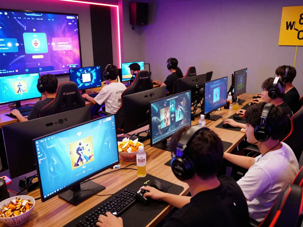 Engaging players on the Sun Win gaming platform in a dynamic and colorful gaming room with screens.