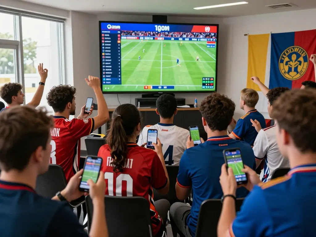 Fans engaged in live betting at 1gom during a football match, showcasing excitement and interaction.