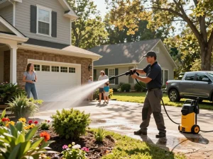 Pressure washing services Atlanta for a clean home exterior in a sunny neighborhood.