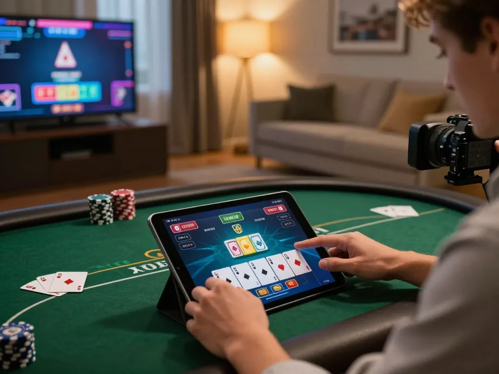 Engaging gameplay on dn88 trang chủ with a player using a tablet for online poker betting at home.