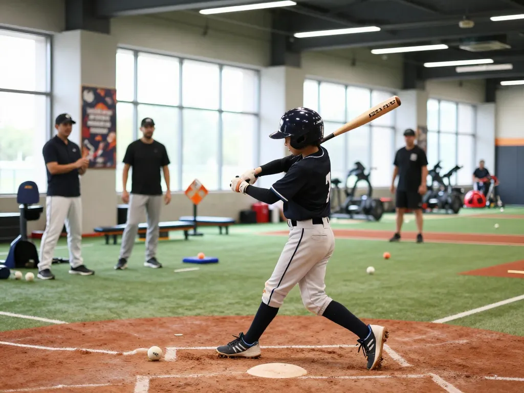 Athlete training at hitclub baseball facility, showcasing intense batting practice amidst modern sports equipment and bright lighting.