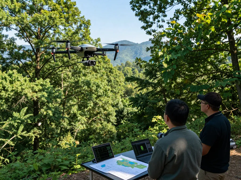 Drone LiDAR system surveying forest area with operators analyzing data on tablets, showcasing high-tech aerial mapping