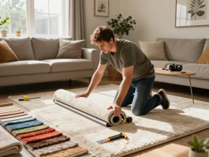 Professional home carpet fitting services in a cozy living room installation.