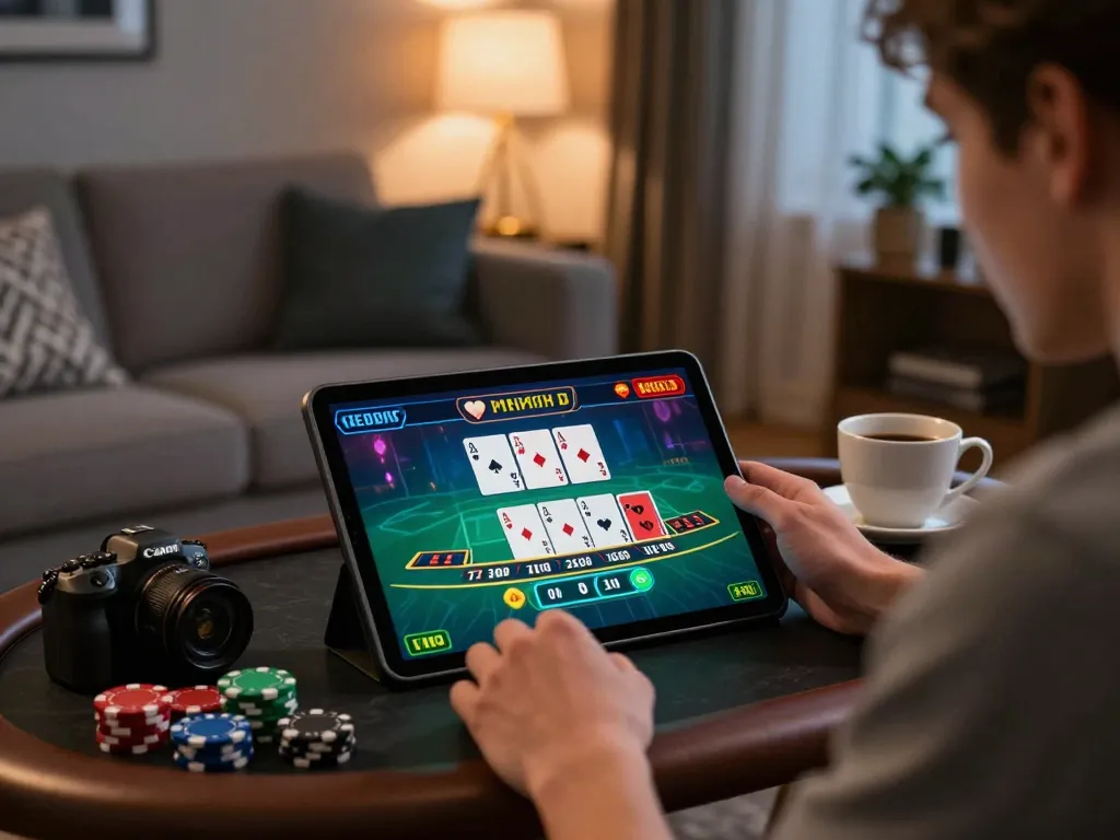 Player engaging in online gambling experience with FC88 winning streak displayed on their tablet in cozy living room.