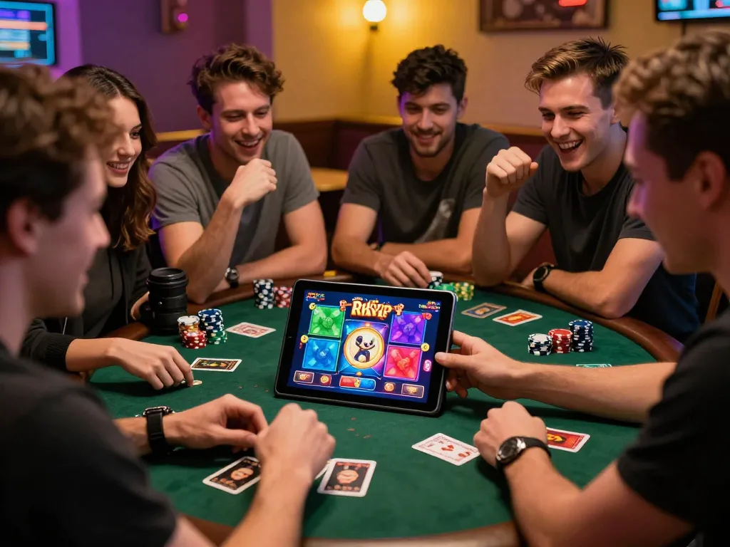 Friends enjoying Rikvip gaming experience with cards and tablet in inviting atmosphere.