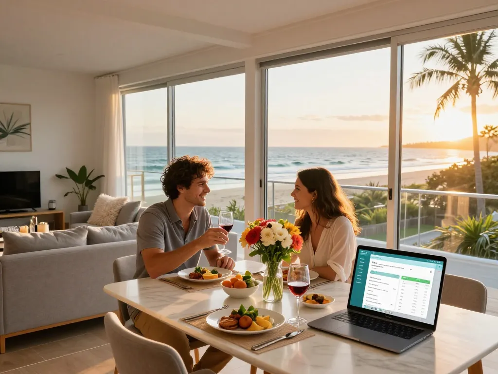 Experience premium airbnb management gold coast with a modern beachfront property setup featuring sunset ambiance and inviting decor.