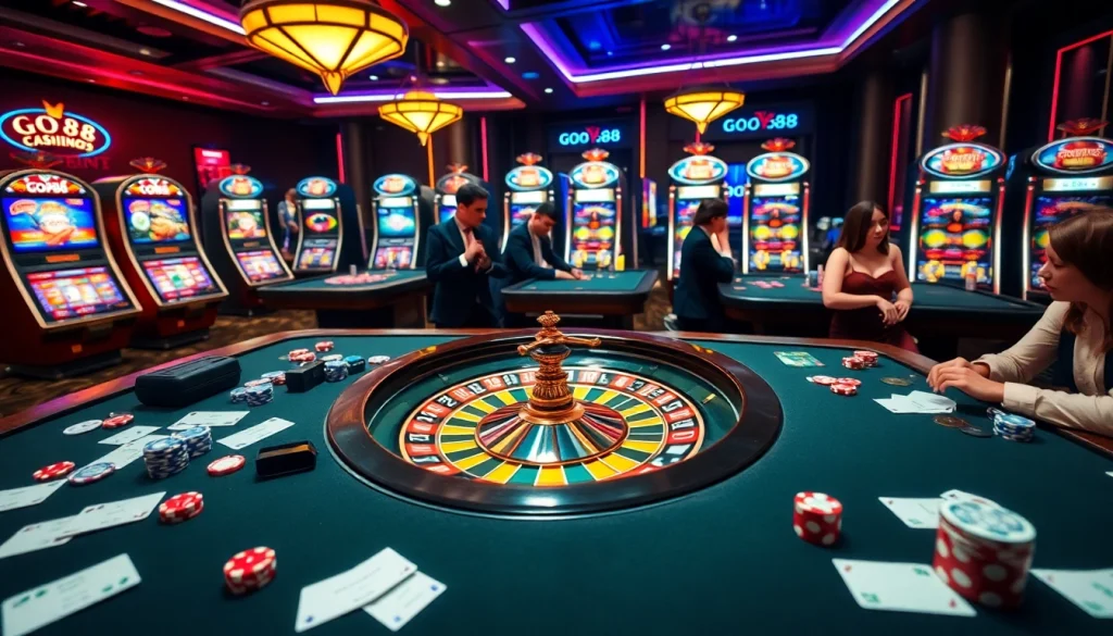 Experience the vibrant excitement of GO88 at a luxury casino table filled with cards and chips.