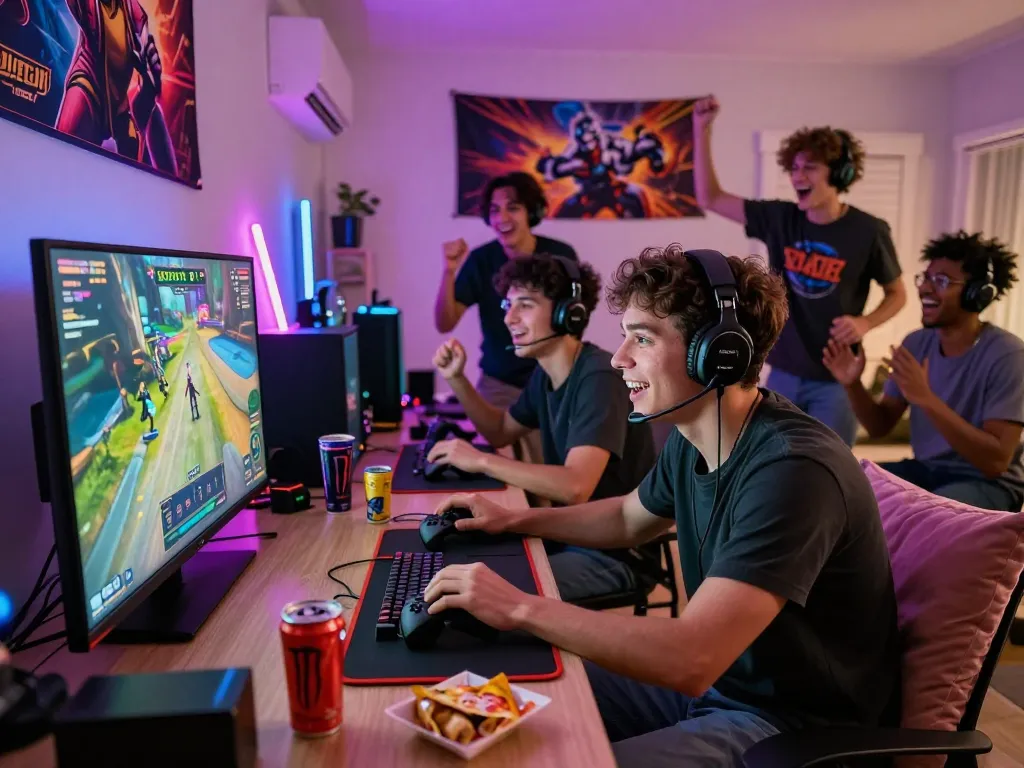 Engaged friends enjoying a sun win gaming session with colorful screens and snacks in a vibrant atmosphere