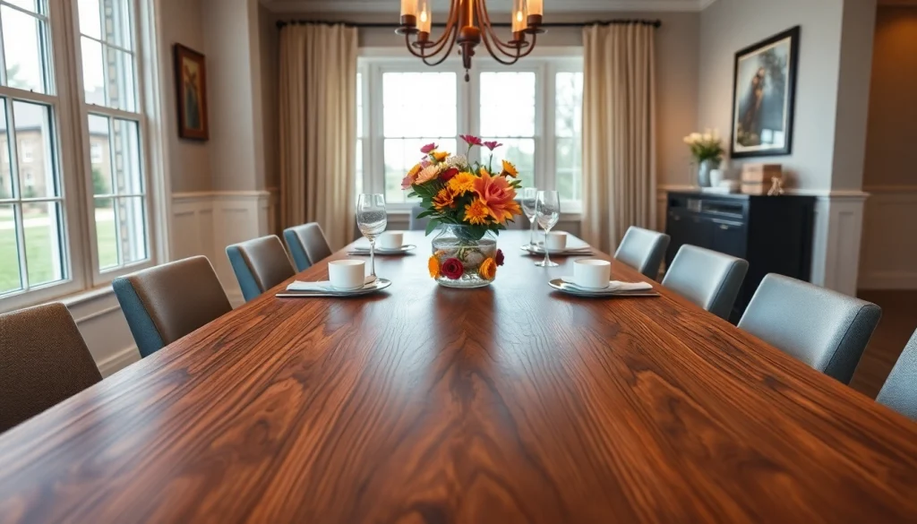 Handcrafted dining table of solid hardwoods with elegant decor in a warm dining room.