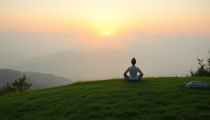 Emphasizing mental wellness, a person meditates in a serene landscape at sunrise.
