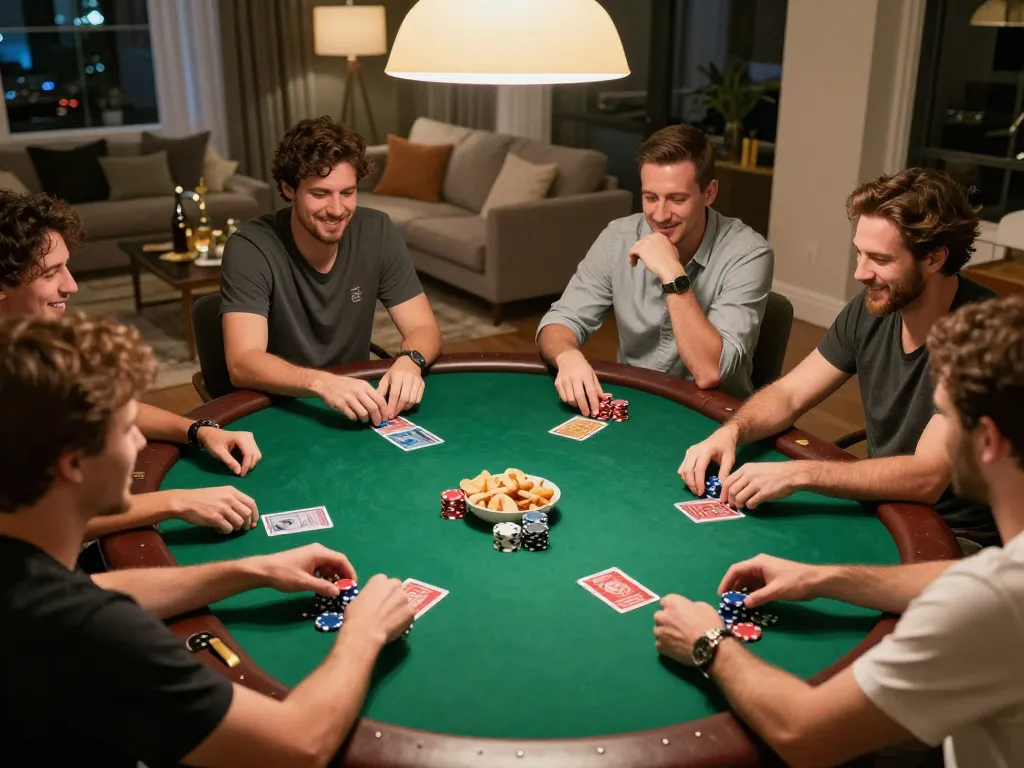 Players enjoy a friendly poker game at home featuring LC88 link and chips, showcasing casual competition