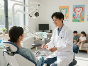Dental clinic welcoming patients with modern equipment and friendly staff in a bright office environment.
