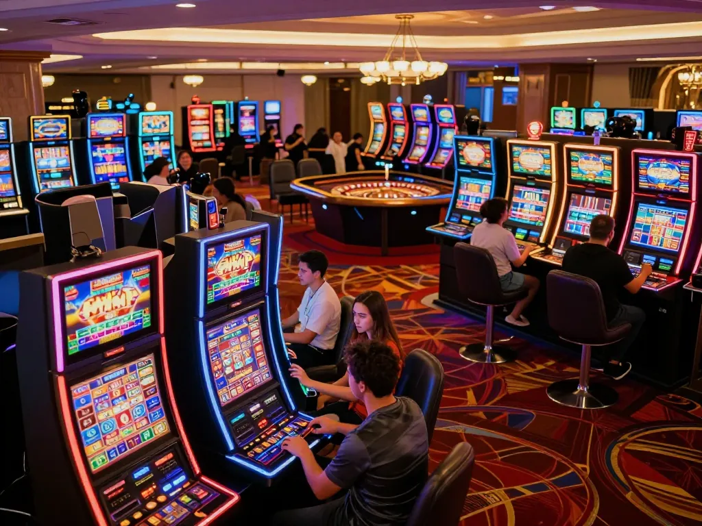 Players enjoying thrilling games at the vibrant FC88 casino, featuring exciting slot machines and roulette.