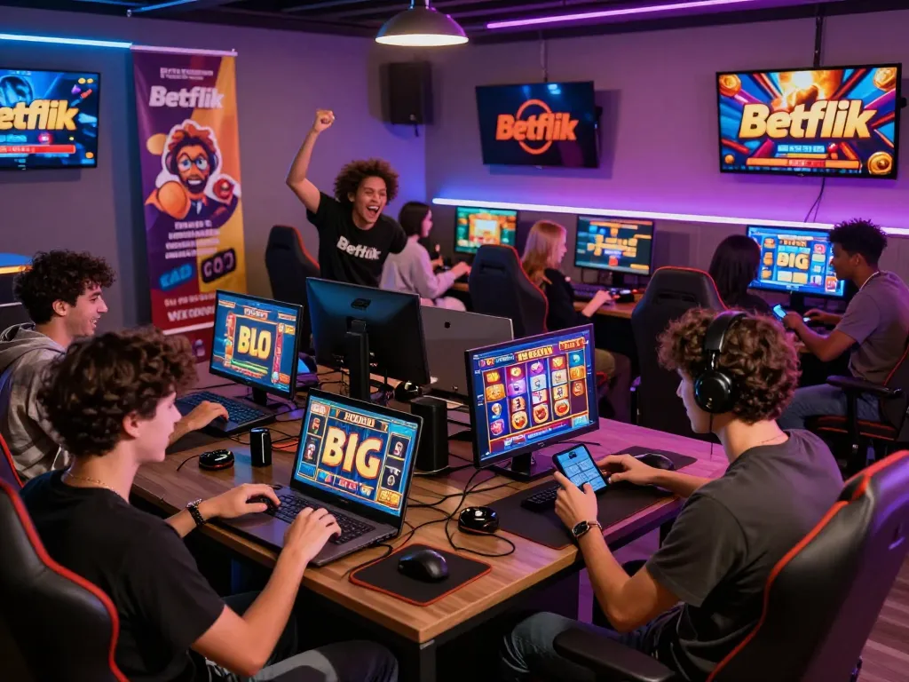 Gamers enjoying Betflik slots on laptops and smartphones in a vibrant gaming lounge