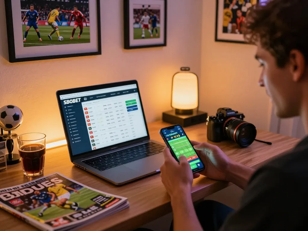 Sesi taruhan olahraga SBOBET dengan pemain yang dengan antusias memasang taruhan di smartphone mereka di lingkungan rumah yang hidup.