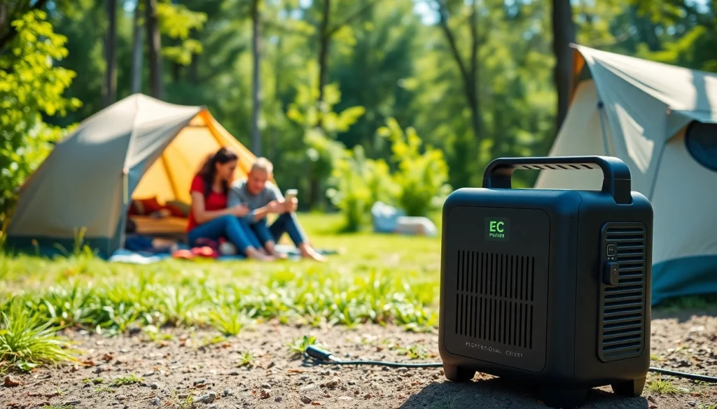 Showcase of EcoFlow power station powering devices in a serene camping scene.