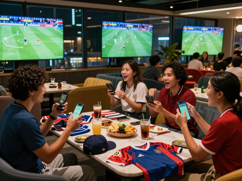 Friends enjoying Judi Bola in a vibrant sports lounge, cheering for football matches.