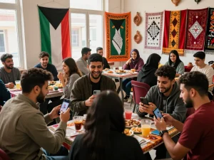 شات فلسطين gathering scene with young people engaging in conversations and cultural decor