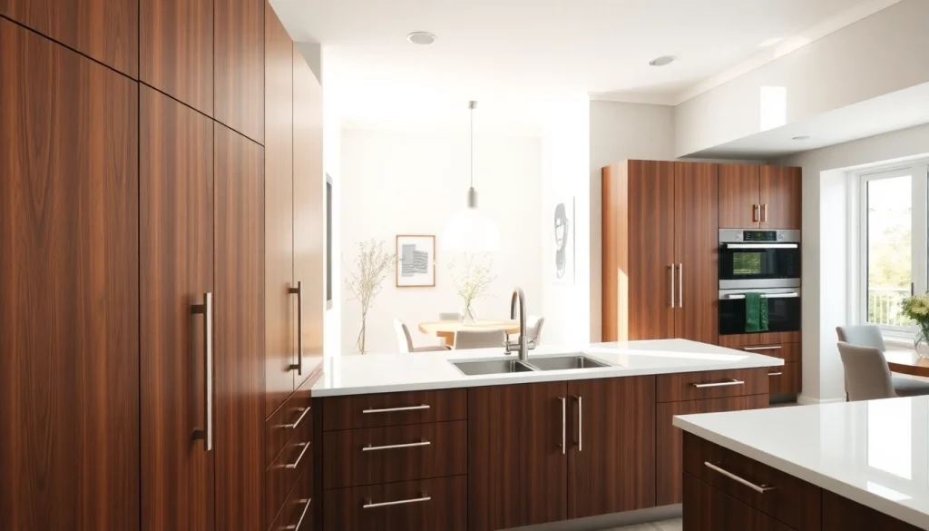 Discover stunning Cabinet Refacing Largo FL in a modern kitchen with warm walnut textured cabinets.