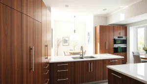 Discover stunning Cabinet Refacing Largo FL in a modern kitchen with warm walnut textured cabinets.