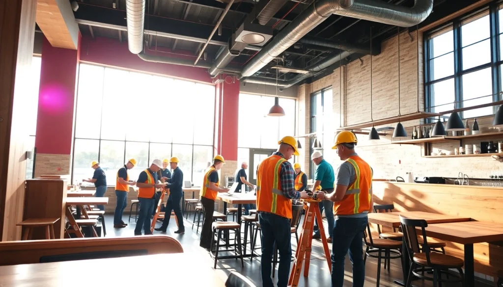 Restaurant buildout contractor Austin overseeing construction with a dynamic team in a vibrant setting.