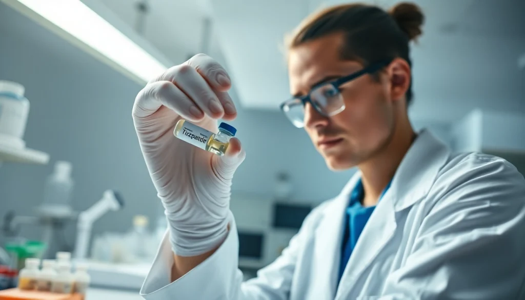 Tirzepatide vial examined by lab scientist in a bright healthcare setting.