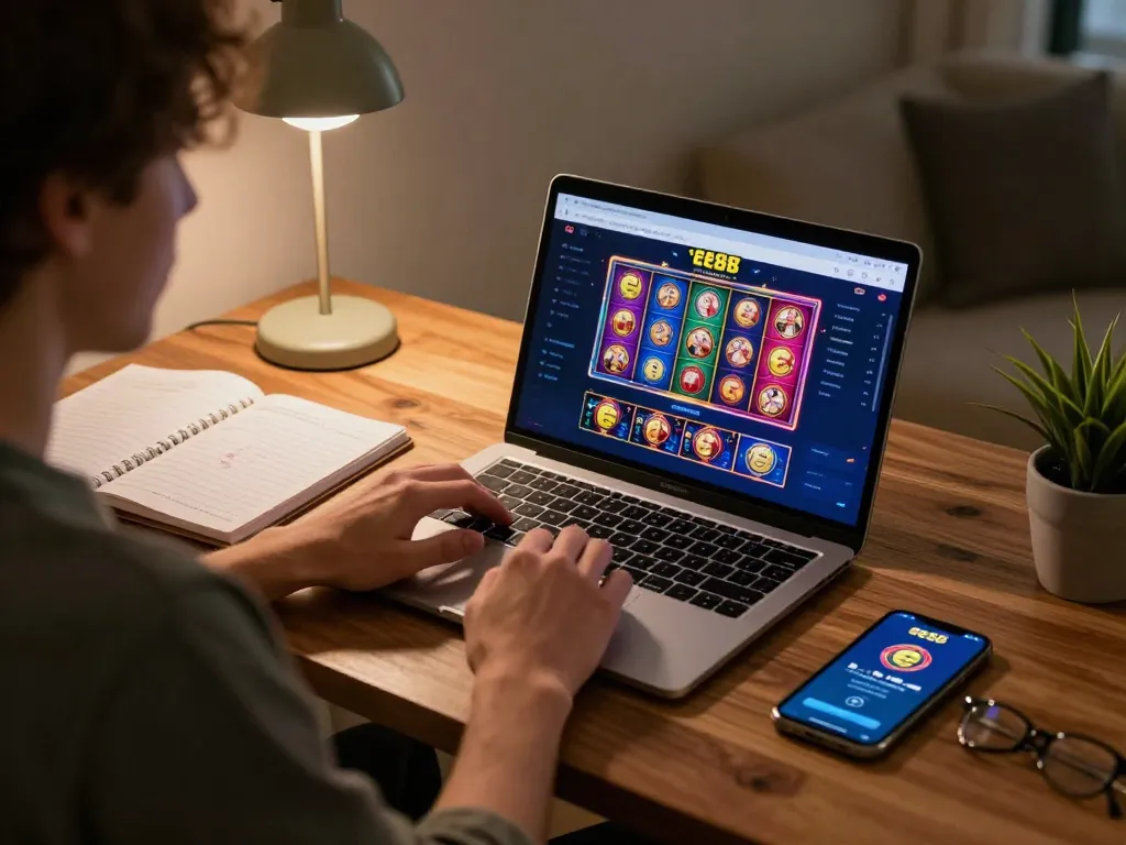 Person playing games on the ee88 casino interface, showing strategic notes and an inviting atmosphere.